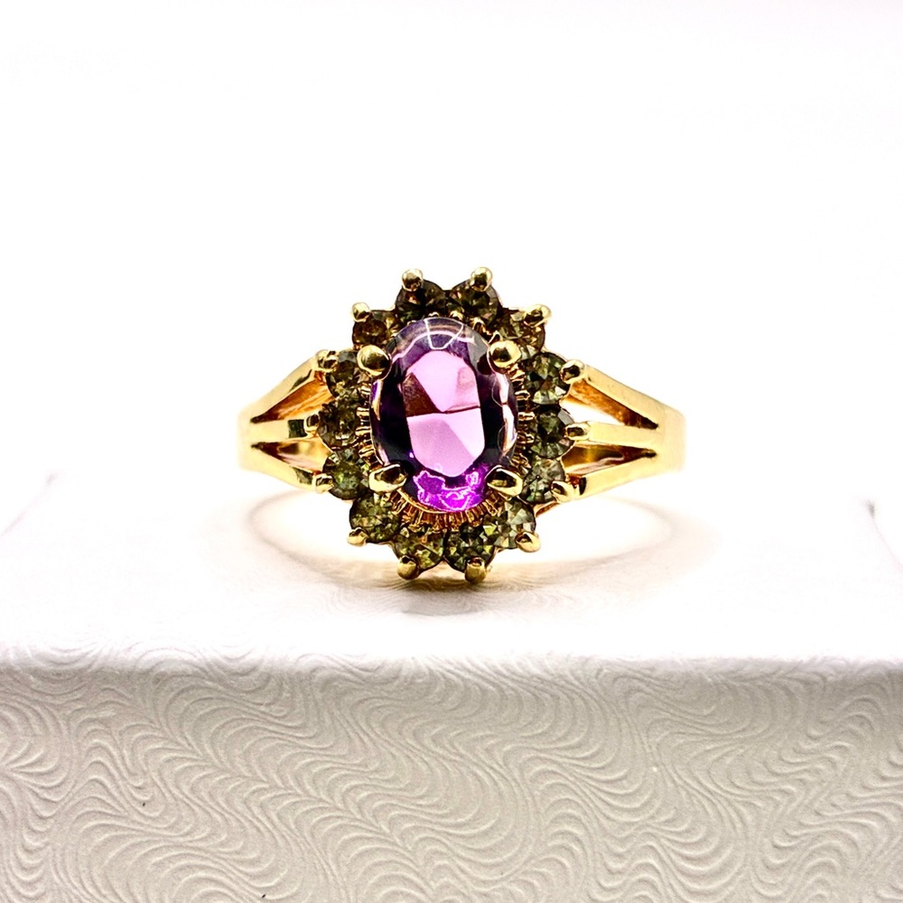 Vintage Oval Cut Amethyst with Cubic Zirconia Halo in Gold Tone Setting Size 8.5